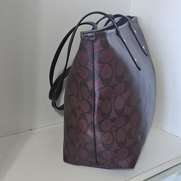 Coach Signature Coated Canvas Brown /Burgundy Leather tote bag - Picture 8 of 13